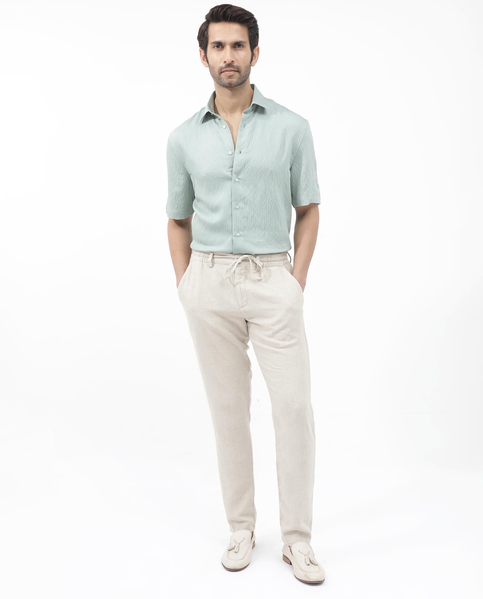 Rare Rabbit Men's Zion Light Green Cotton Plain Boxy Fit Half Sleeve Collared Shirt