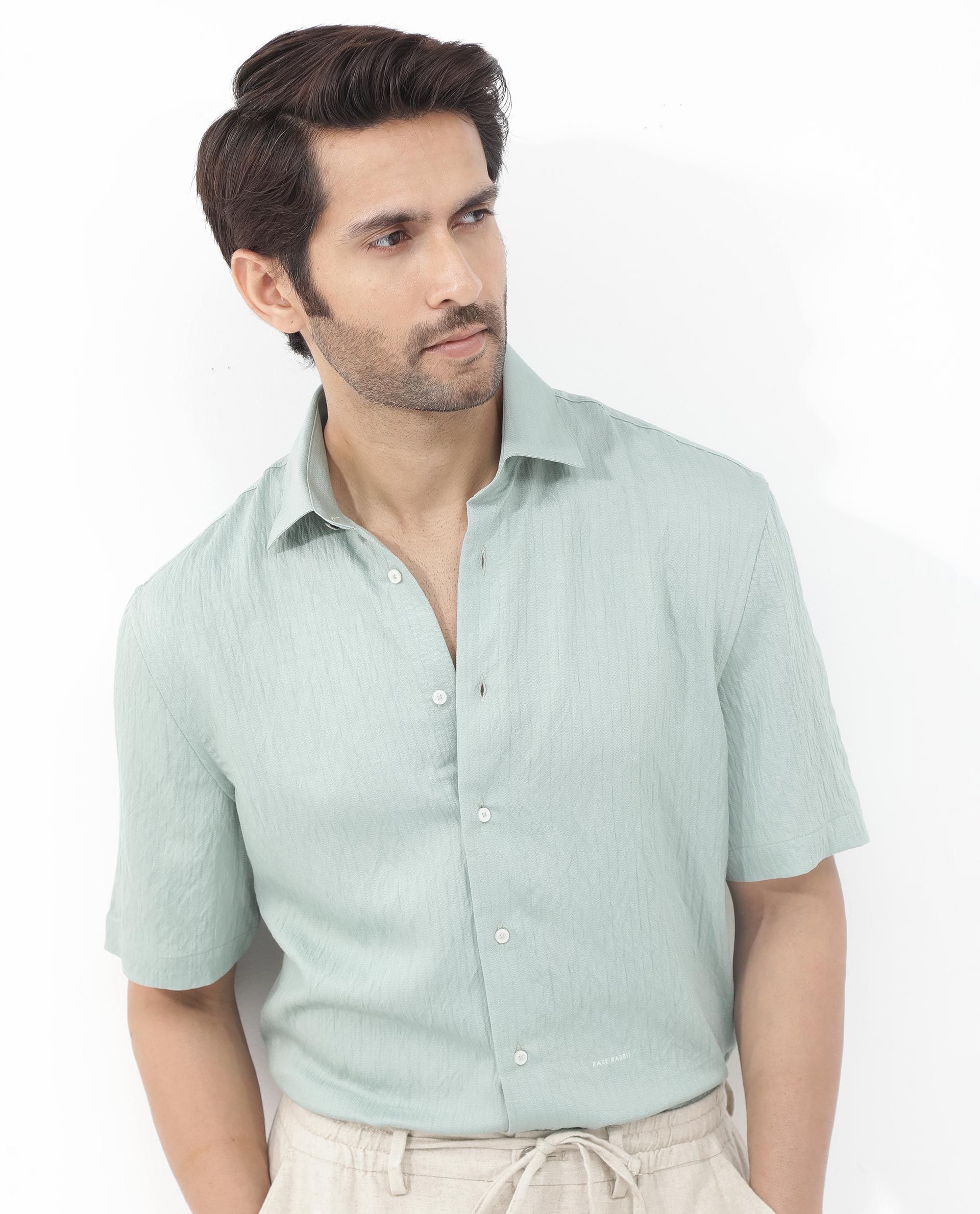 Rare Rabbit Men's Zion Light Green Cotton Plain Boxy Fit Half Sleeve Collared Shirt