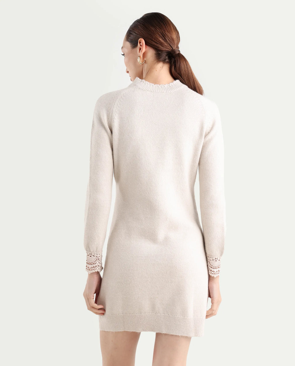 Rareism Women's Zisto Light Beige Acrylic Blend Crew Neck Relaxed Fit Plain Dress