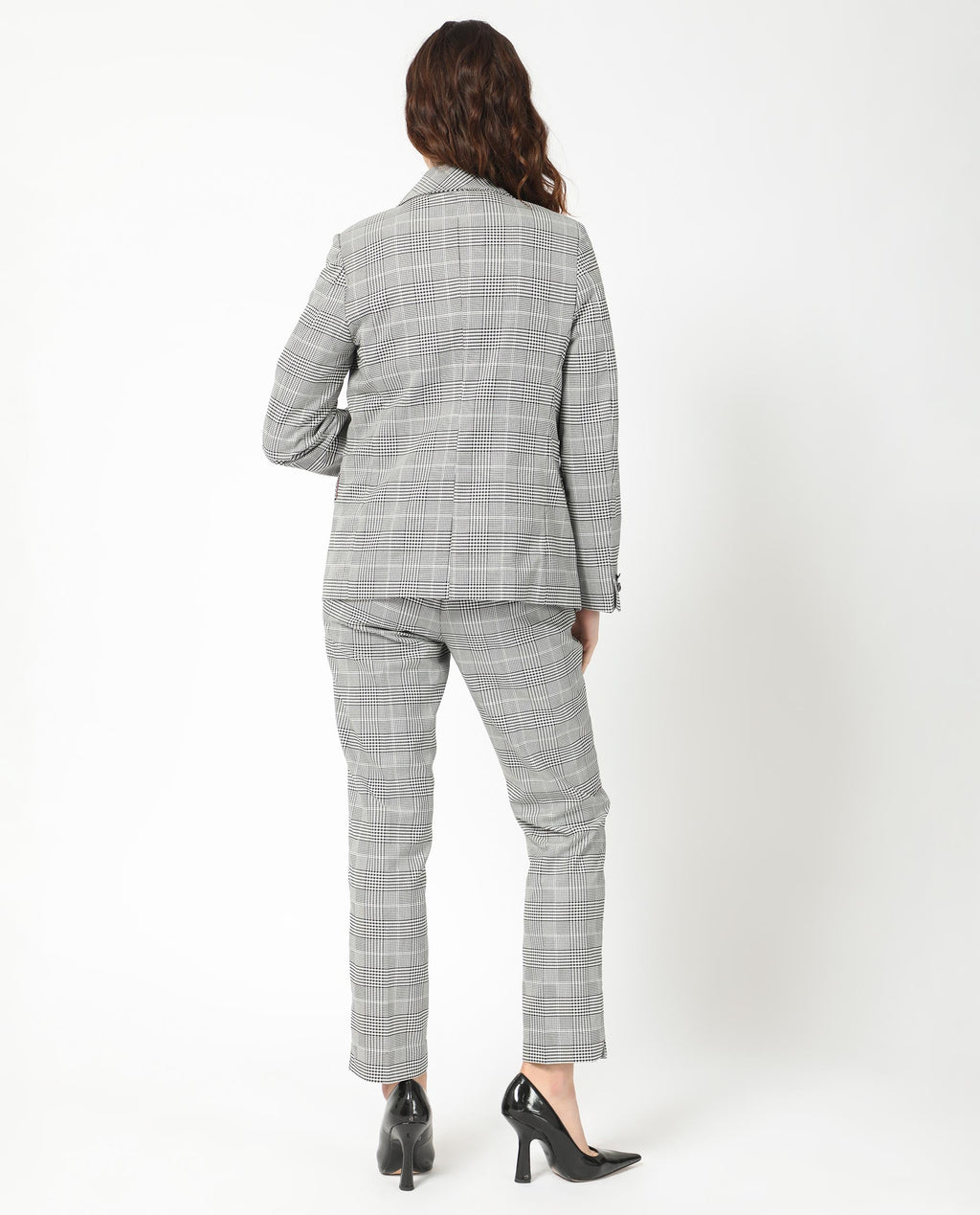 Rareism Women's Zivaa Black Polyester Lapel Neck Checked Tailored Blazer