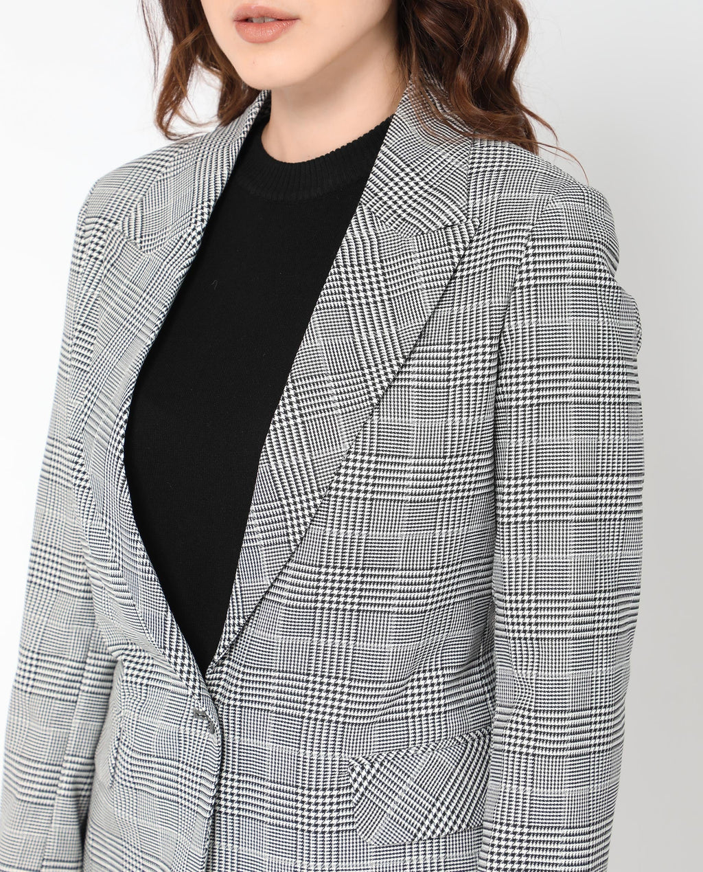 Rareism Women's Zivaa Black Polyester Lapel Neck Checked Tailored Blazer