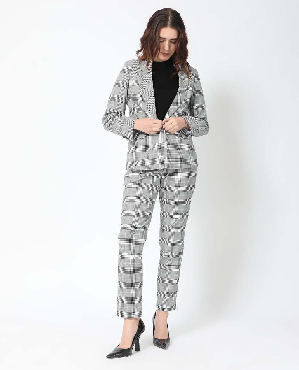 Rareism Women's Zivaa Black Polyester Lapel Neck Checked Tailored Blazer