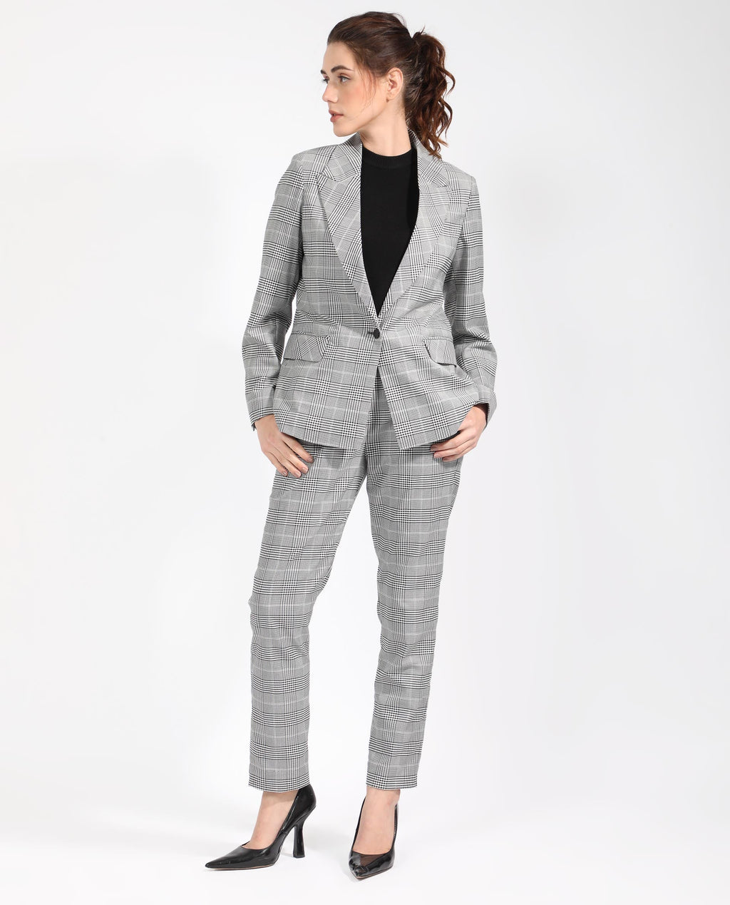 Rareism Women's Zivaa Black Polyester Lapel Neck Checked Tailored Blazer