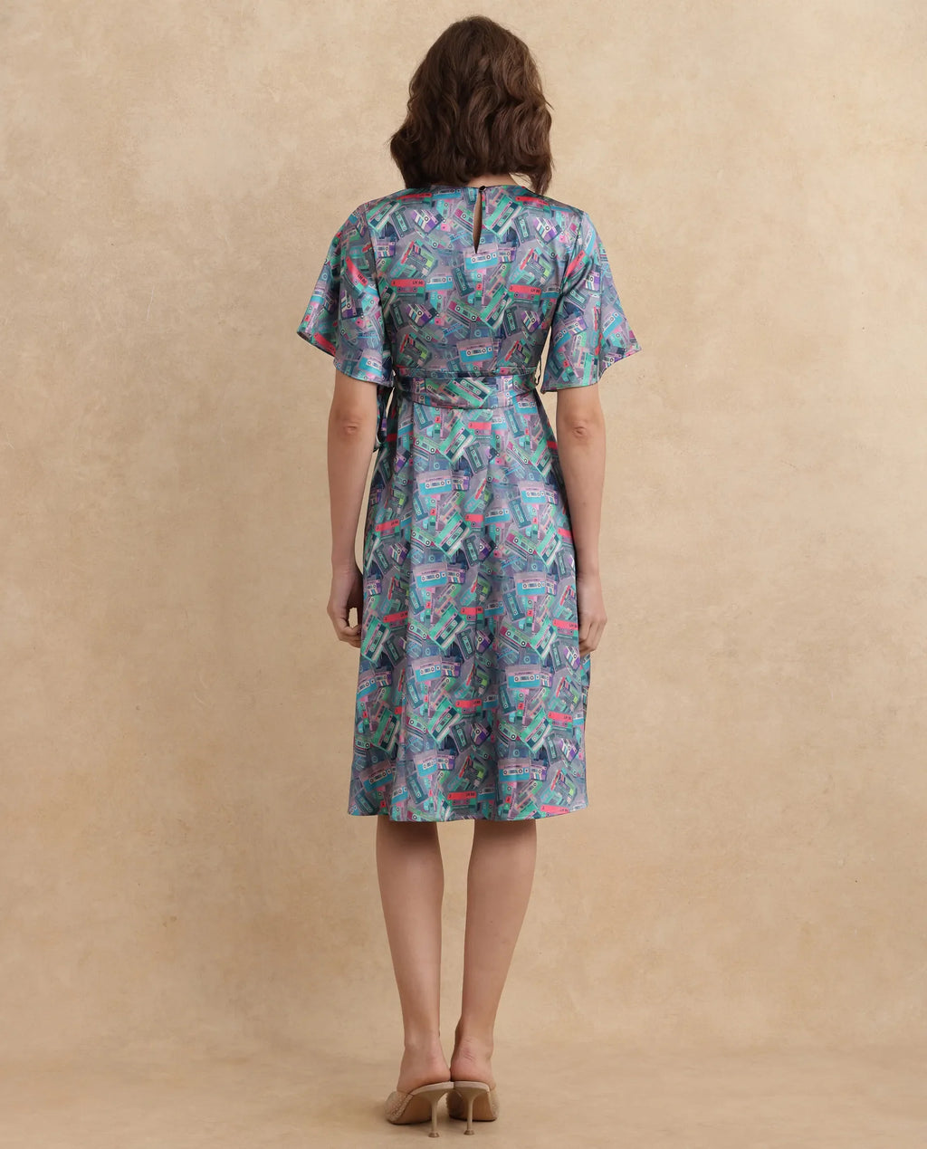 Rareism Women's Zived Multi Satin Round Neck Object Print Ruffled Sleeve Midi Fit And Flare Dress