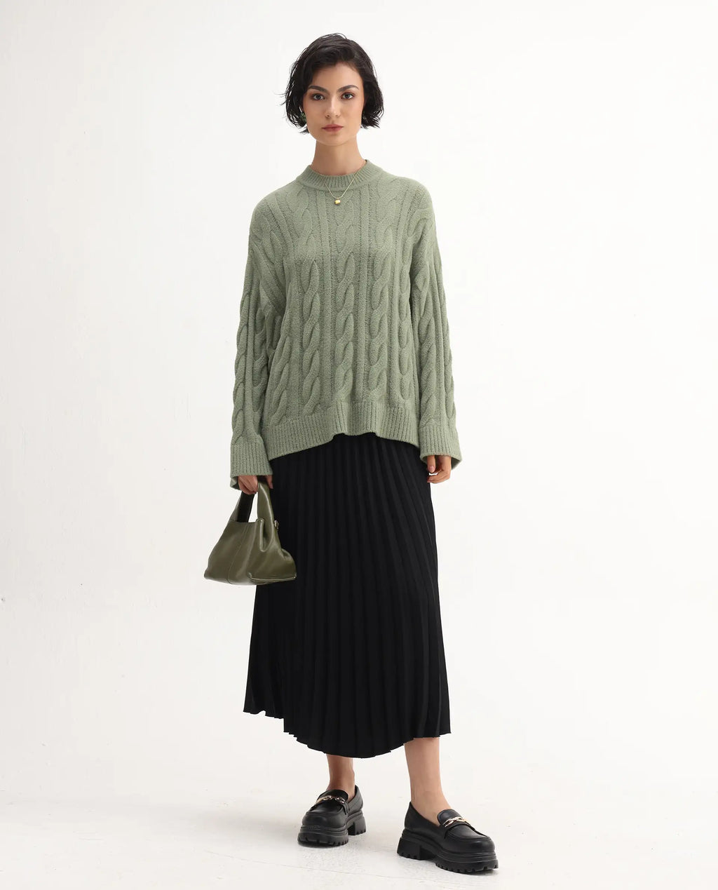 Rareism Women's Ziv Olive Nylon High Neck Oversize Fit Sweater