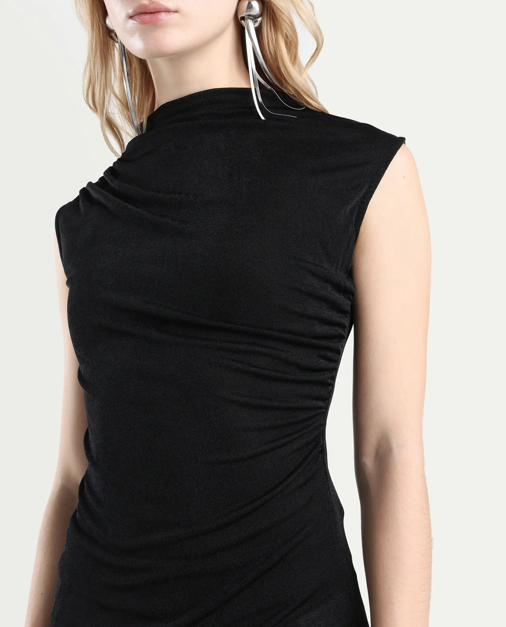 Rareism Women's Zoptus Black Polyester Blend High Neck Regular Fit Plain Top