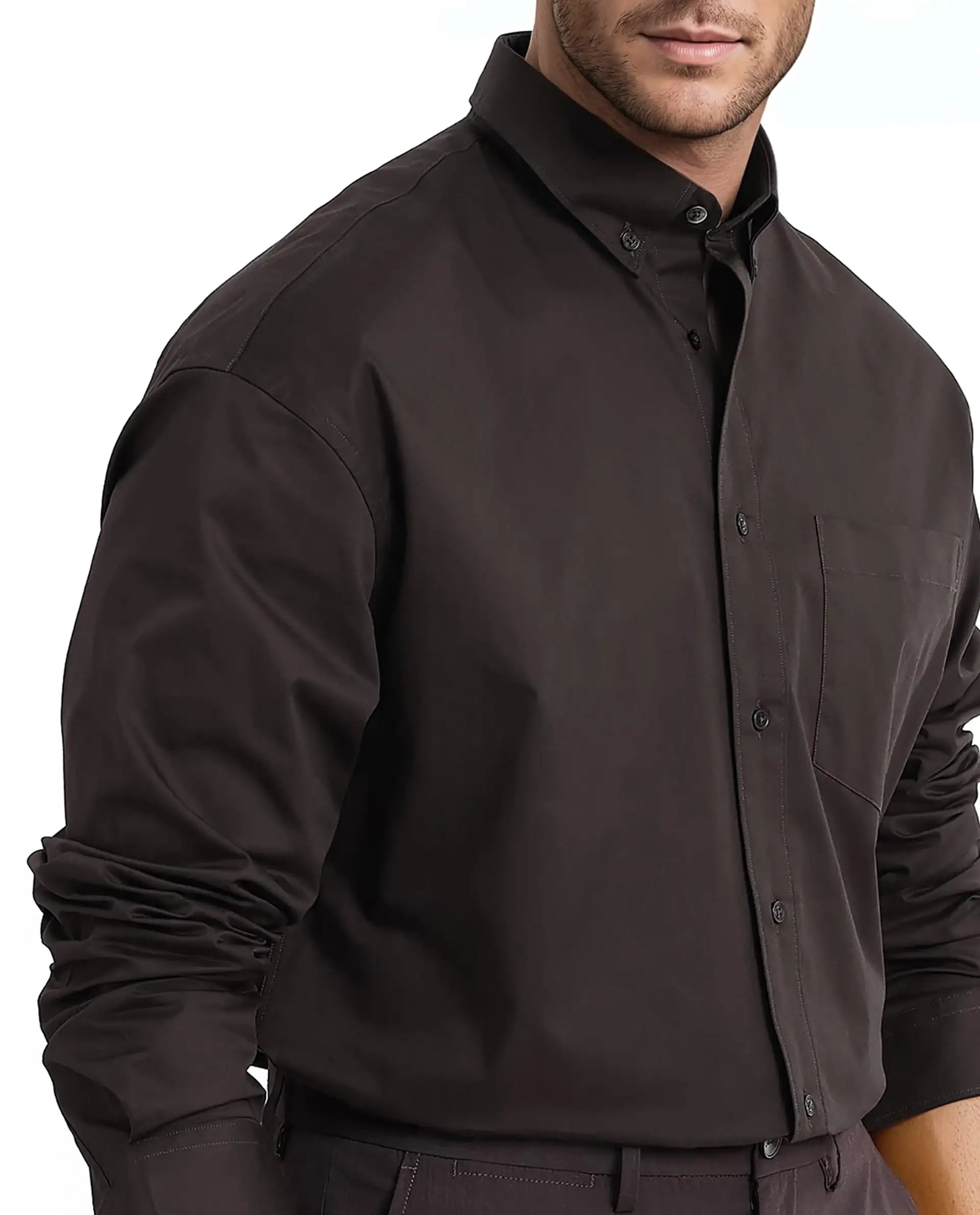 Rare Rabbit Men's Zord Dark Brown Cotton Plain Boxy Fit Full Sleeve Collared Shirt