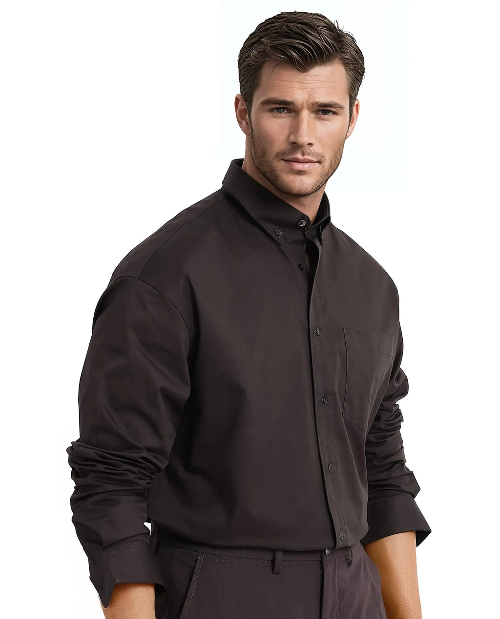 Rare Rabbit Men's Zord Dark Brown Cotton Plain Boxy Fit Full Sleeve Collared Shirt