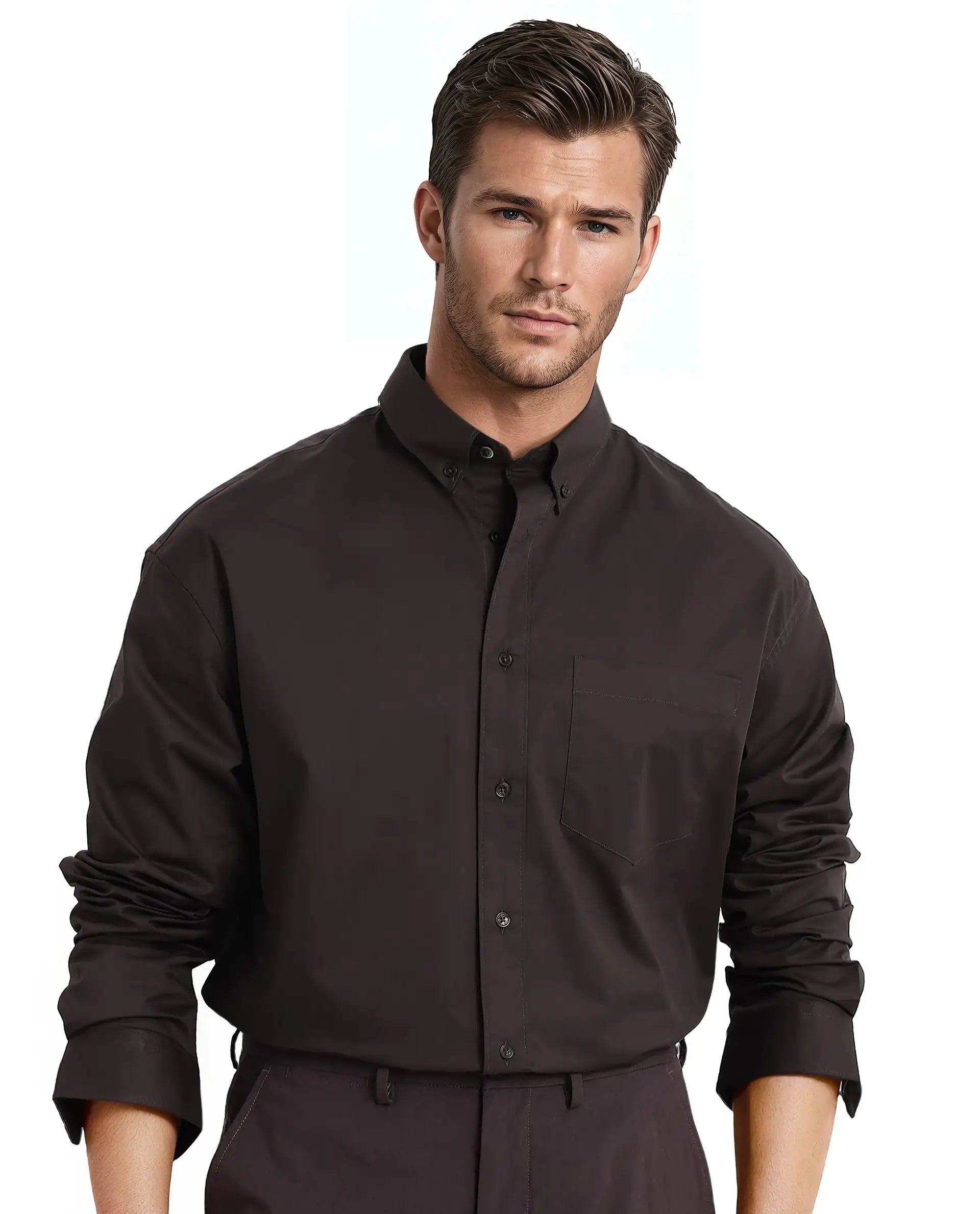 Rare Rabbit Men's Zord Dark Brown Cotton Plain Boxy Fit Full Sleeve Collared Shirt