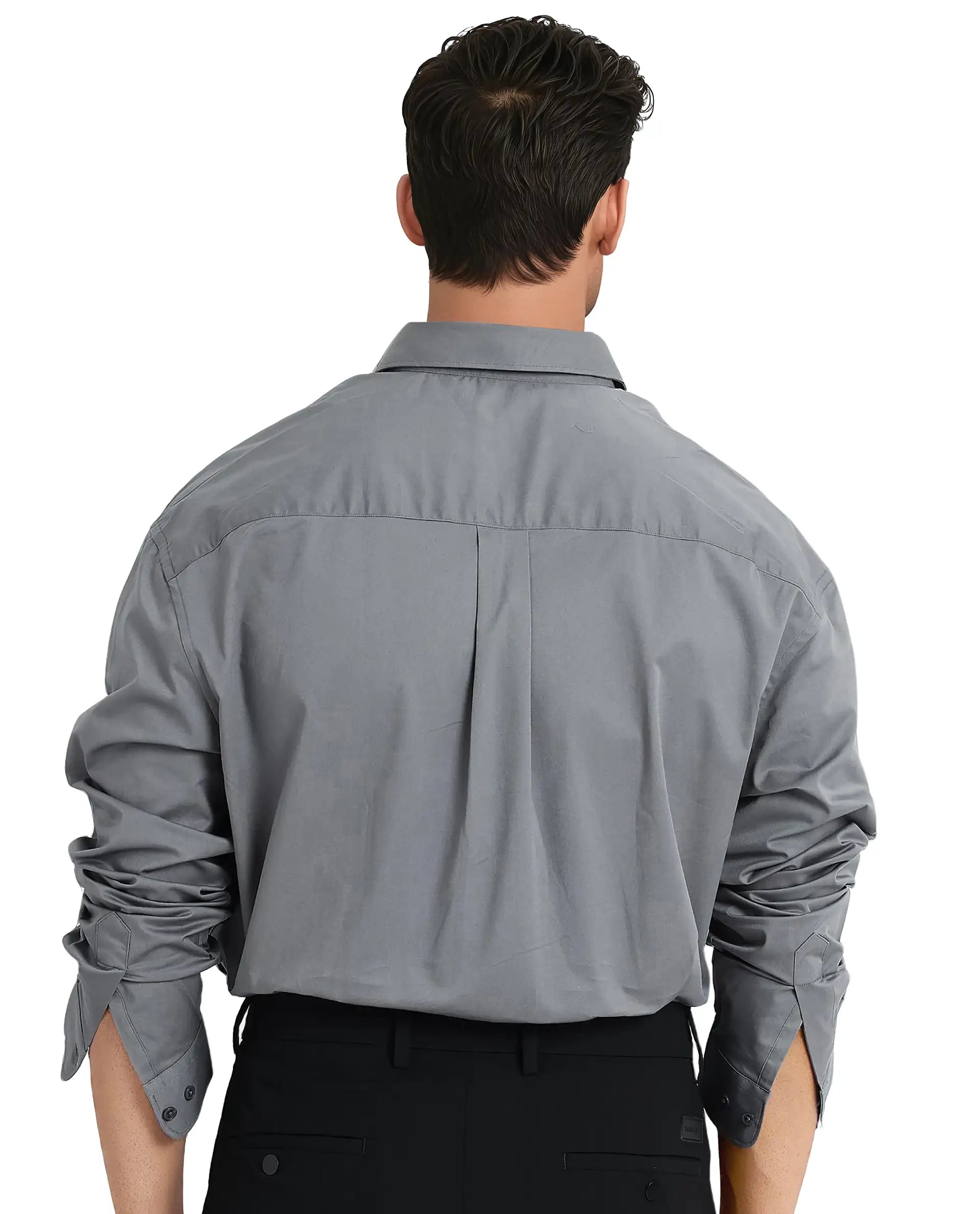 Rare Rabbit Men's Zord Grey Cotton Plain Boxy Fit Full Sleeve Collared Shirt