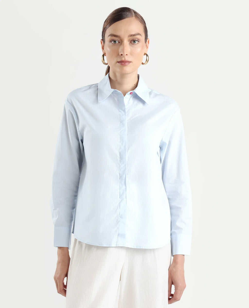 Rareism Women's Zquib Grey Cotton Spread Collar Graphic Print Cuffed Sleeve Regular Fit Shirt