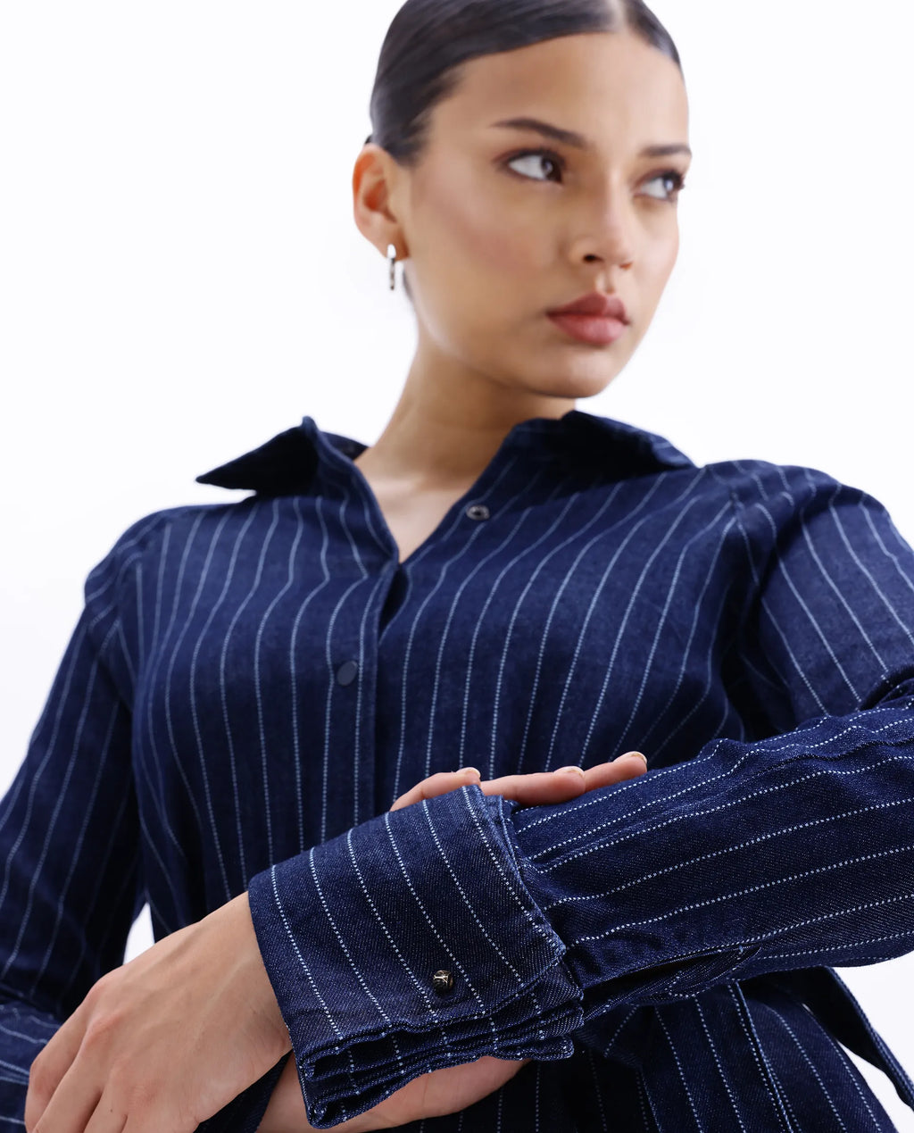Rareism Women's Zrum Dark Blue Cotton Blend Drop Collar Striped Cuffed Sleeve Midi Boxy Fit Dress