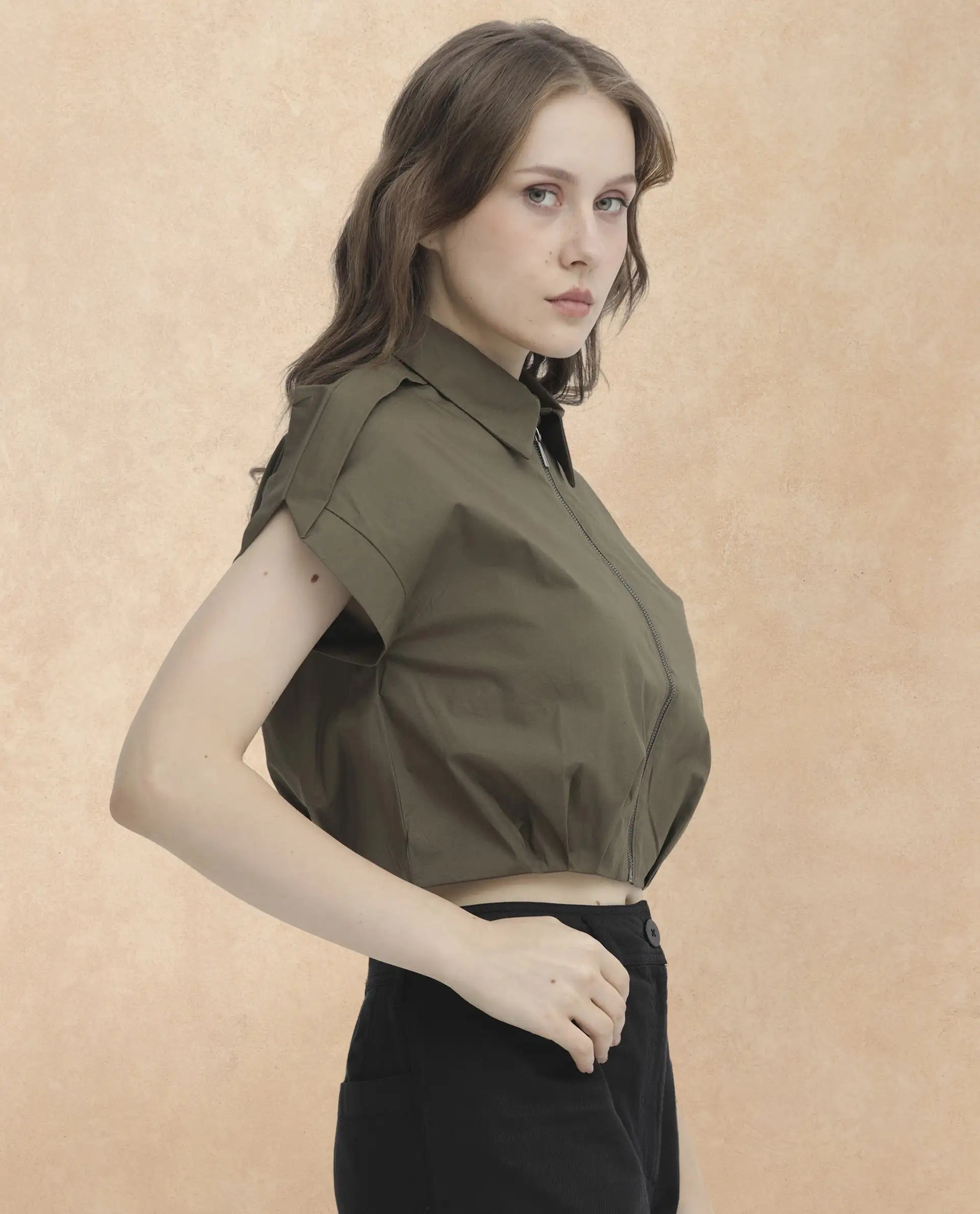 Rareism Women's Zuckery Olive Cotton Blend Drop Collar Plain Extended Sleeves Crop Regular Fit Top