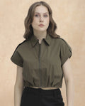 Rareism Women's Zuckery Olive Cotton Blend Drop Collar Plain Extended Sleeves Crop Regular Fit Top