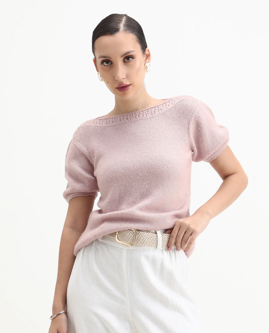 Rareism Women's Zulaii Light Pink Acrylic Blend Boat Neck Relaxed Fit Plain Sweater