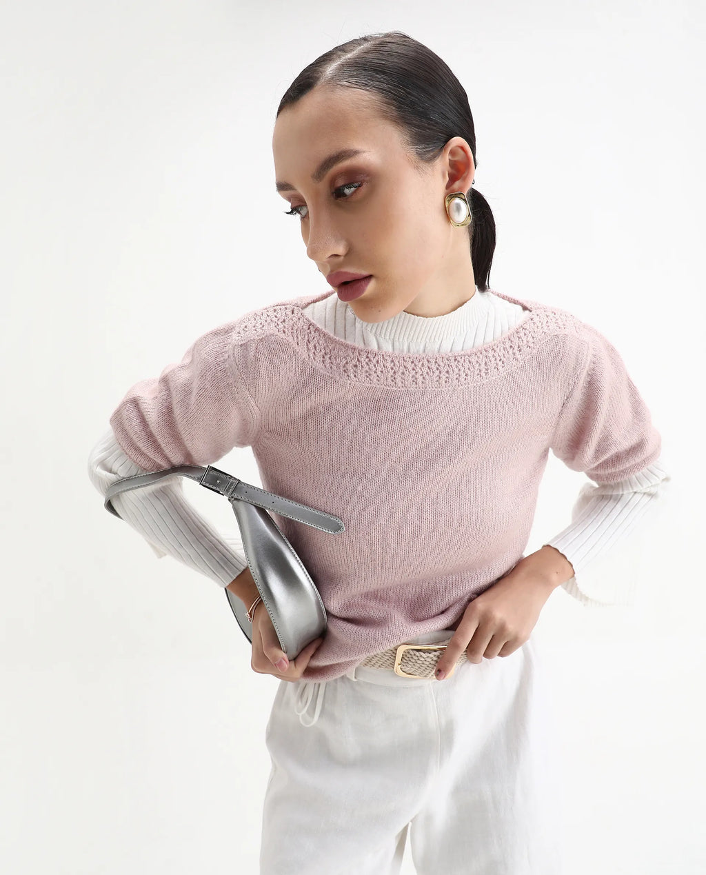 Rareism Women's Zulaii Light Pink Acrylic Blend Boat Neck Relaxed Fit Plain Sweater