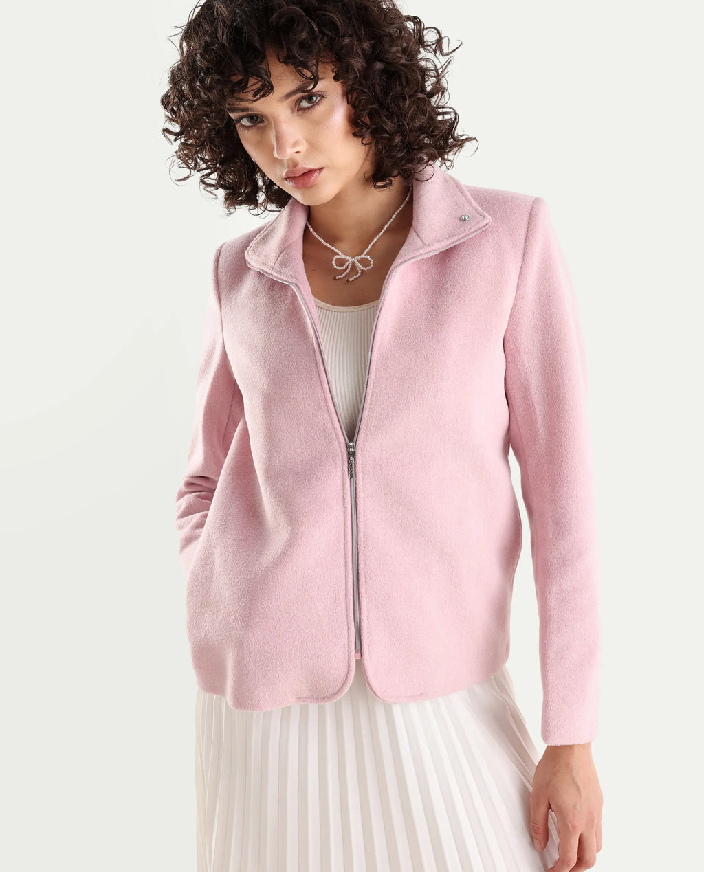 Rareism Women's Zympi Light Pink Stand Collar Plain Cuffed Sleeve Boxy Fit Jacket
