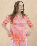 Rareism Women's Zyon-T Pink Cotton Johnny Collar Monogram Print Regular Fit Top