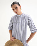 Rareism Women's Abutilon Blue Linen High Neck Striped Mini Relaxed Fit Dress