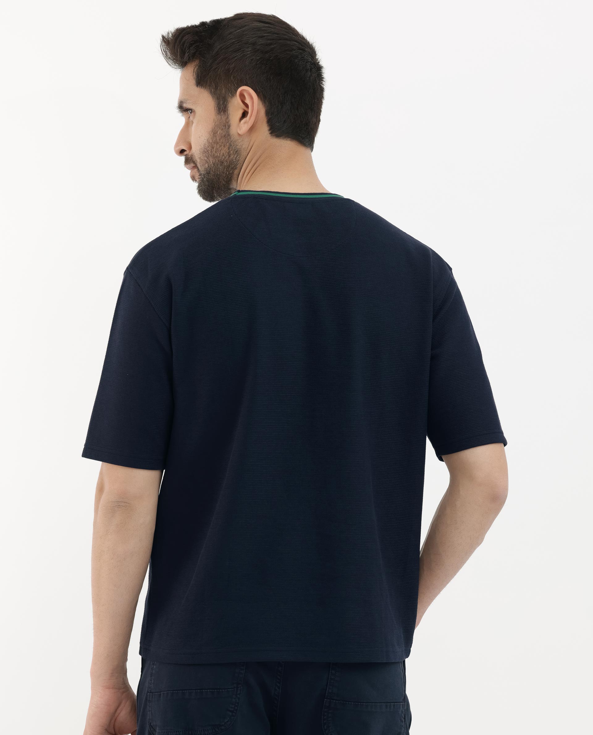Rare Rabbit Men's Adiso-1 Navy Cotton Blend Plain Oversized Fit Half Sleeve Crew Neck T-Shirt