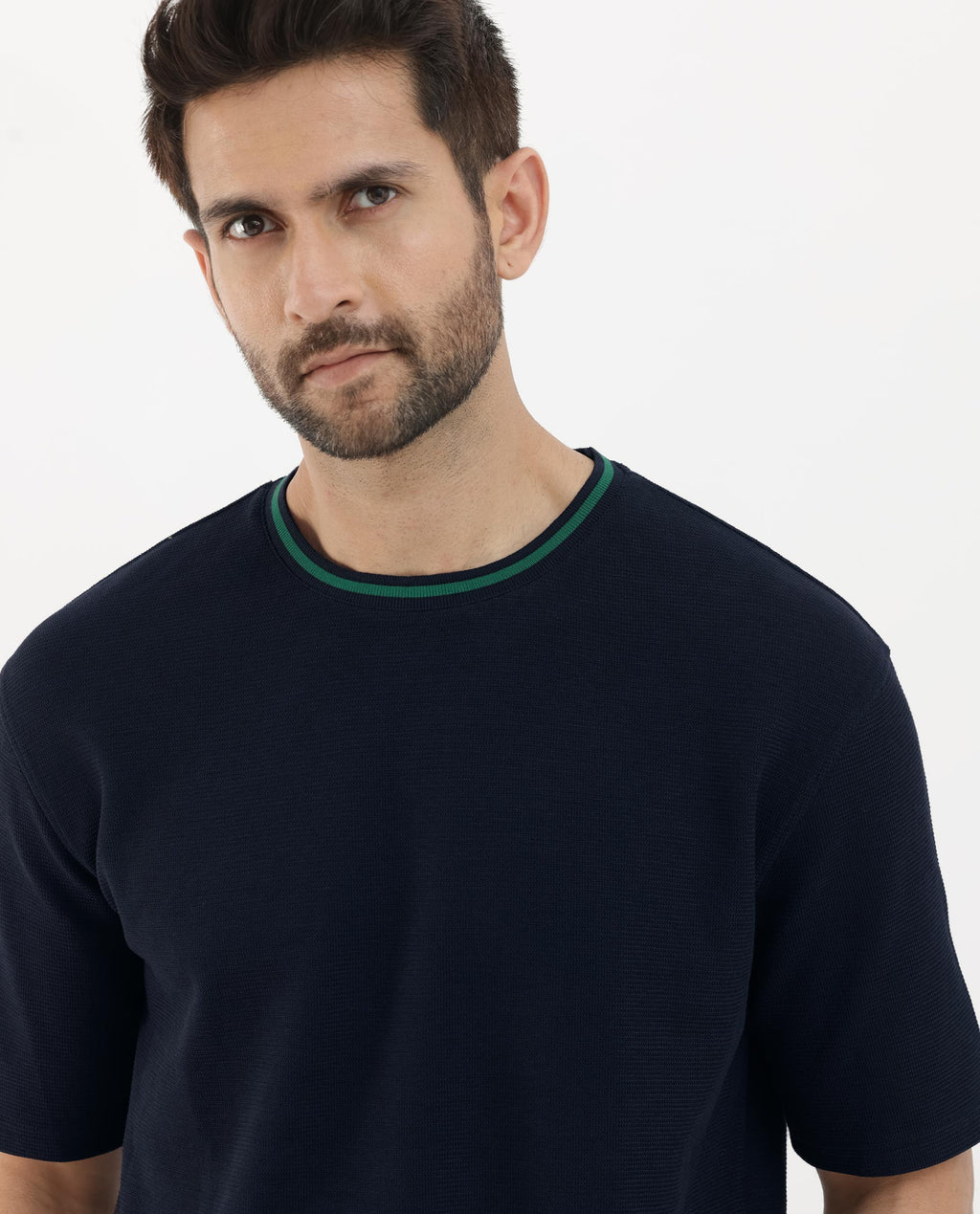 Rare Rabbit Men's Adiso-1 Navy Cotton Blend Plain Oversized Fit Half Sleeve Crew Neck T-Shirt