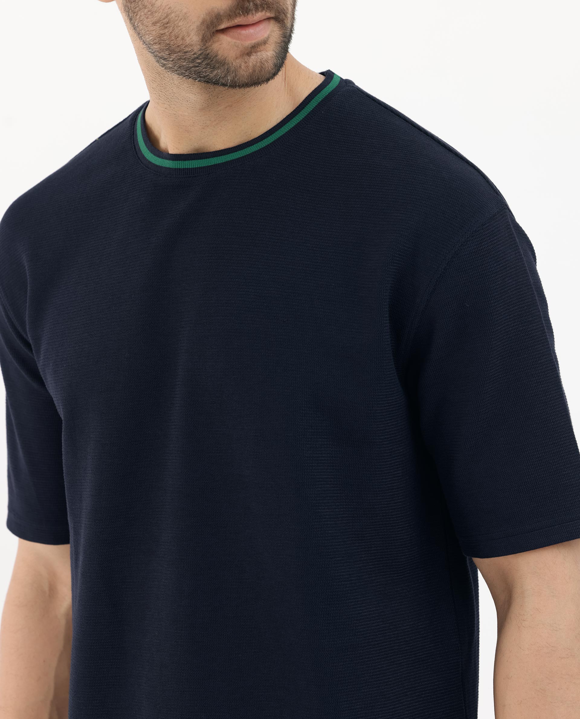 Rare Rabbit Men's Adiso-1 Navy Cotton Blend Plain Oversized Fit Half Sleeve Crew Neck T-Shirt