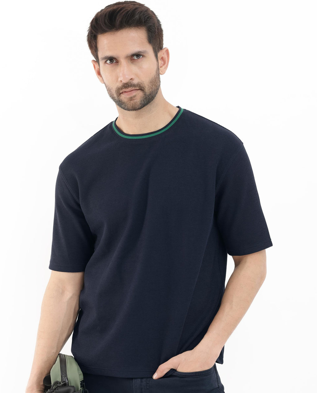 Rare Rabbit Men's Adiso-1 Navy Cotton Blend Plain Oversized Fit Half Sleeve Crew Neck T-Shirt