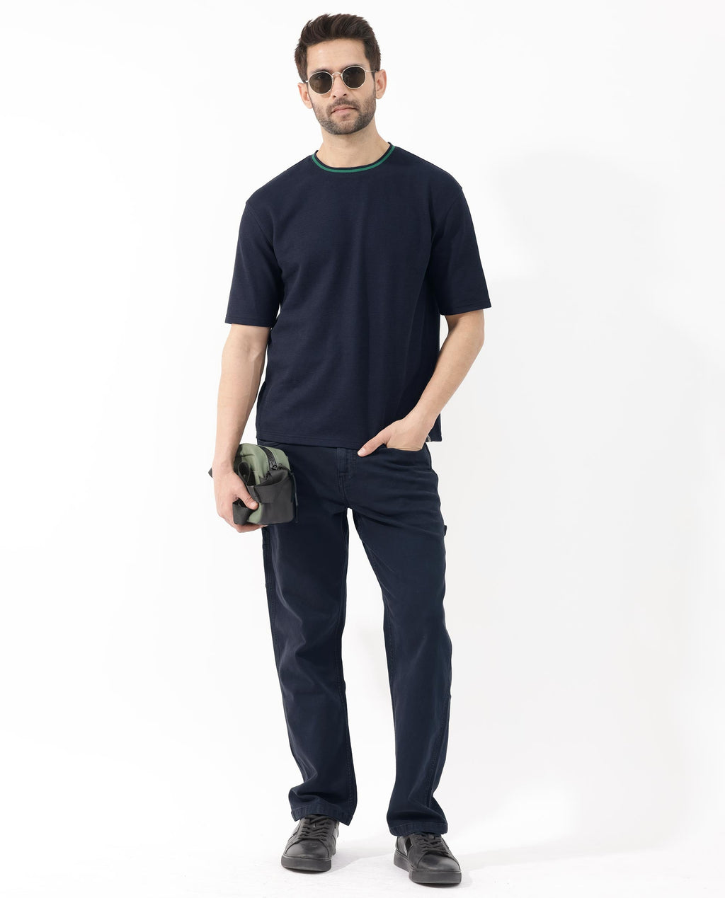 Rare Rabbit Men's Adiso-1 Navy Cotton Blend Plain Oversized Fit Half Sleeve Crew Neck T-Shirt