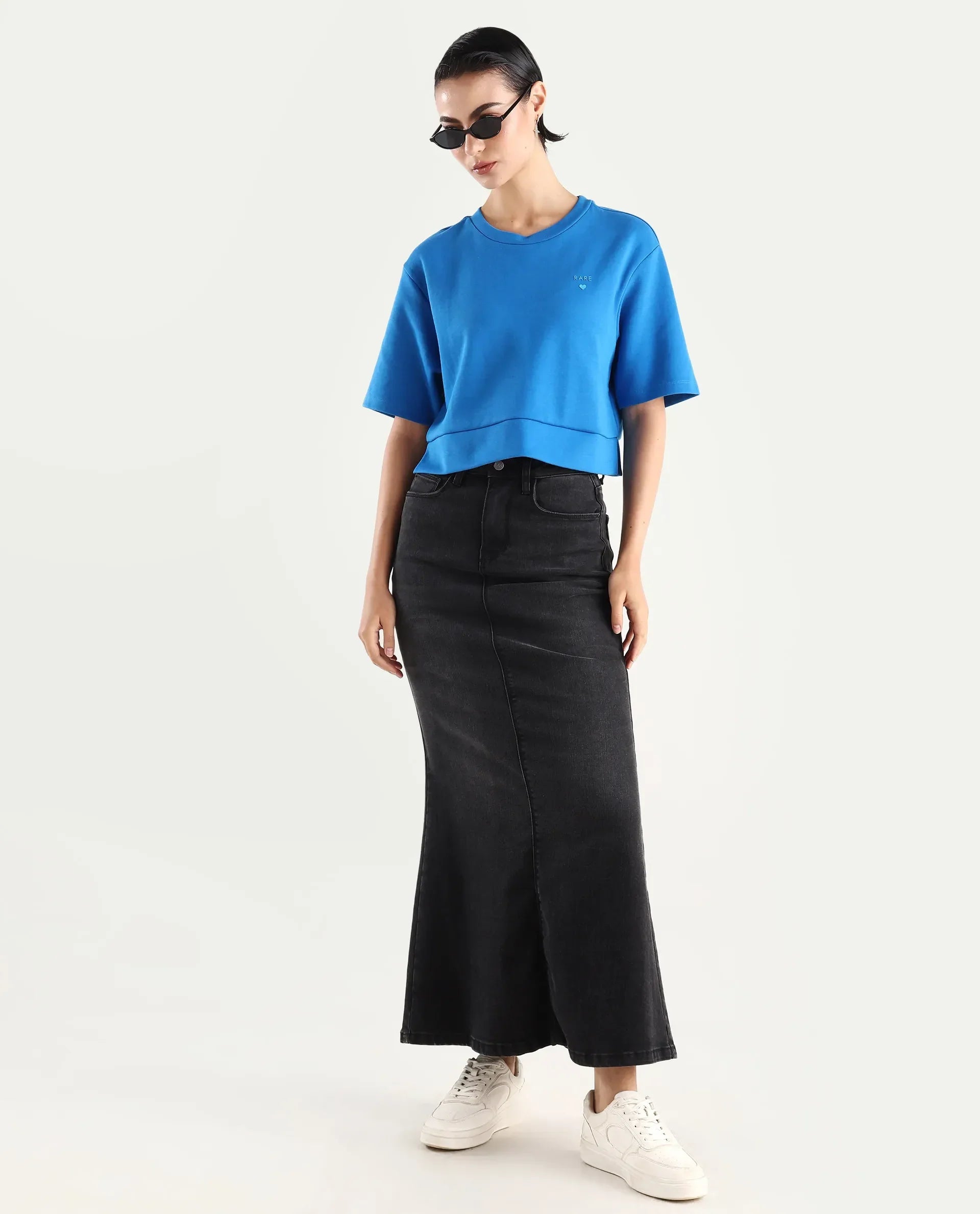 Rareism Women's Afrib Blue Cotton Blend Crew Neck Plain Crop Regular Fit T-Shirt