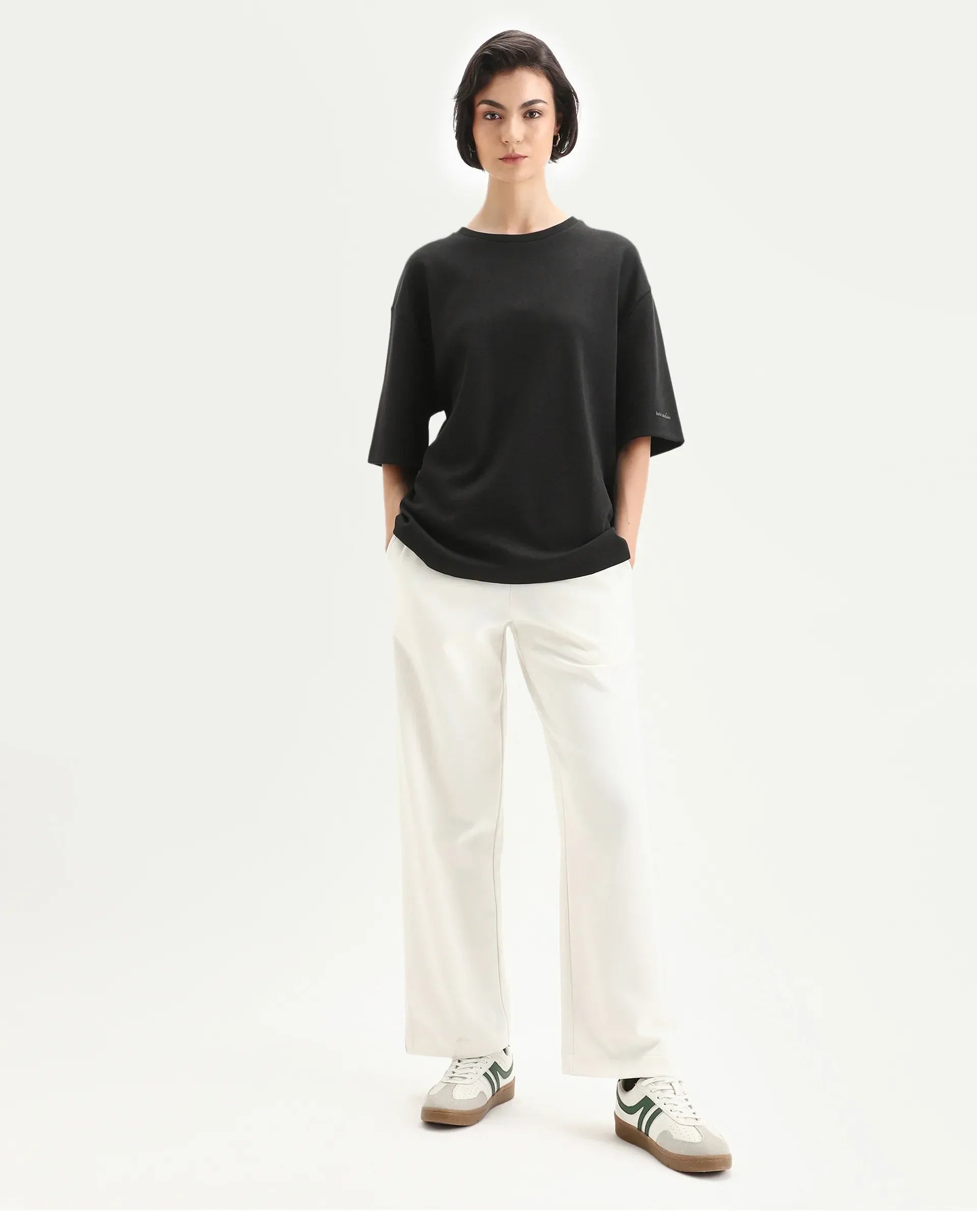 Rareism Women's Afsko T Black Cotton Crew Neck Plain Relaxed Fit T-Shirt