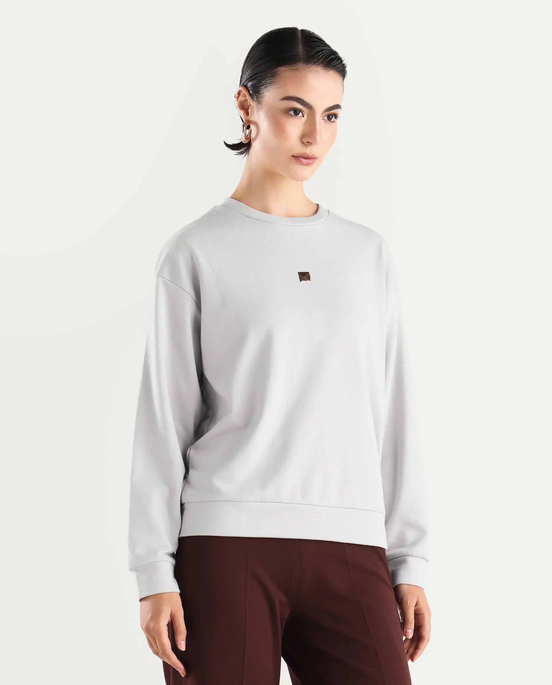 Rareism Women's Aimee Light Grey Polyester Blend Crew Neck Plain Boxy Fit Sweatshirt