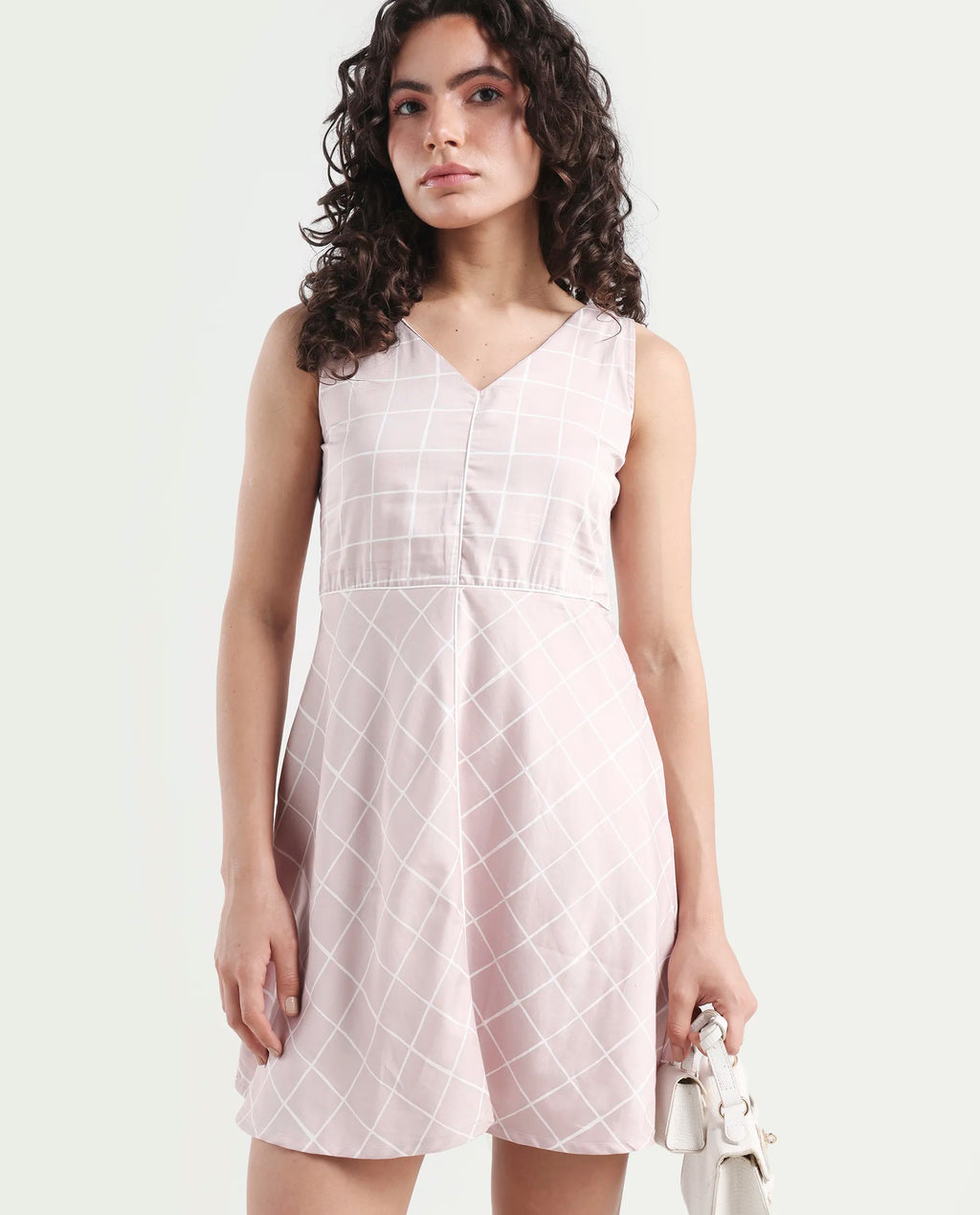Rareism Women's Akal Pink Cotton Blend V-Neck Checked Sleeveless Mini Regular Fit Dress