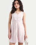 Rareism Women's Akal Pink Cotton Blend V-Neck Checked Sleeveless Mini Regular Fit Dress
