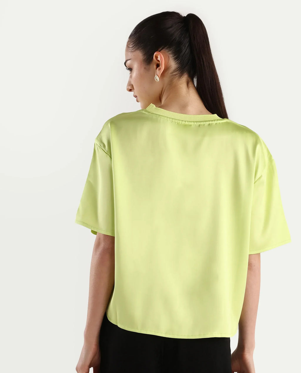 Rareism Women's Akiya Green Polyester Ribbed Collar Plain Boxy Fit Top