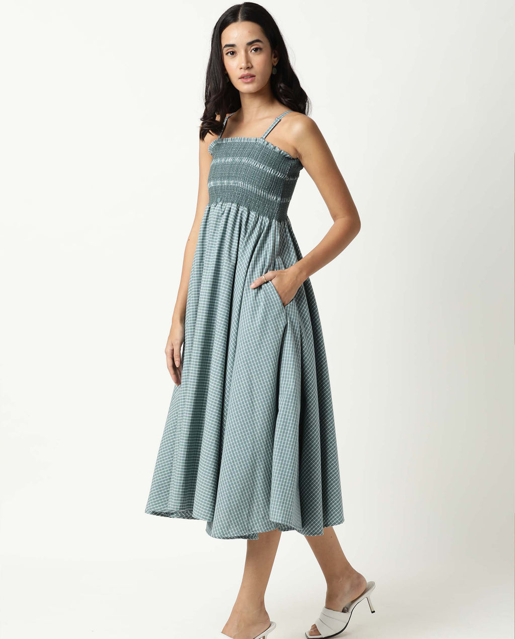 Rareism Womens Ald Green Dress Cotton Linen Fabric Regular Fit Sleeveless Square Neck