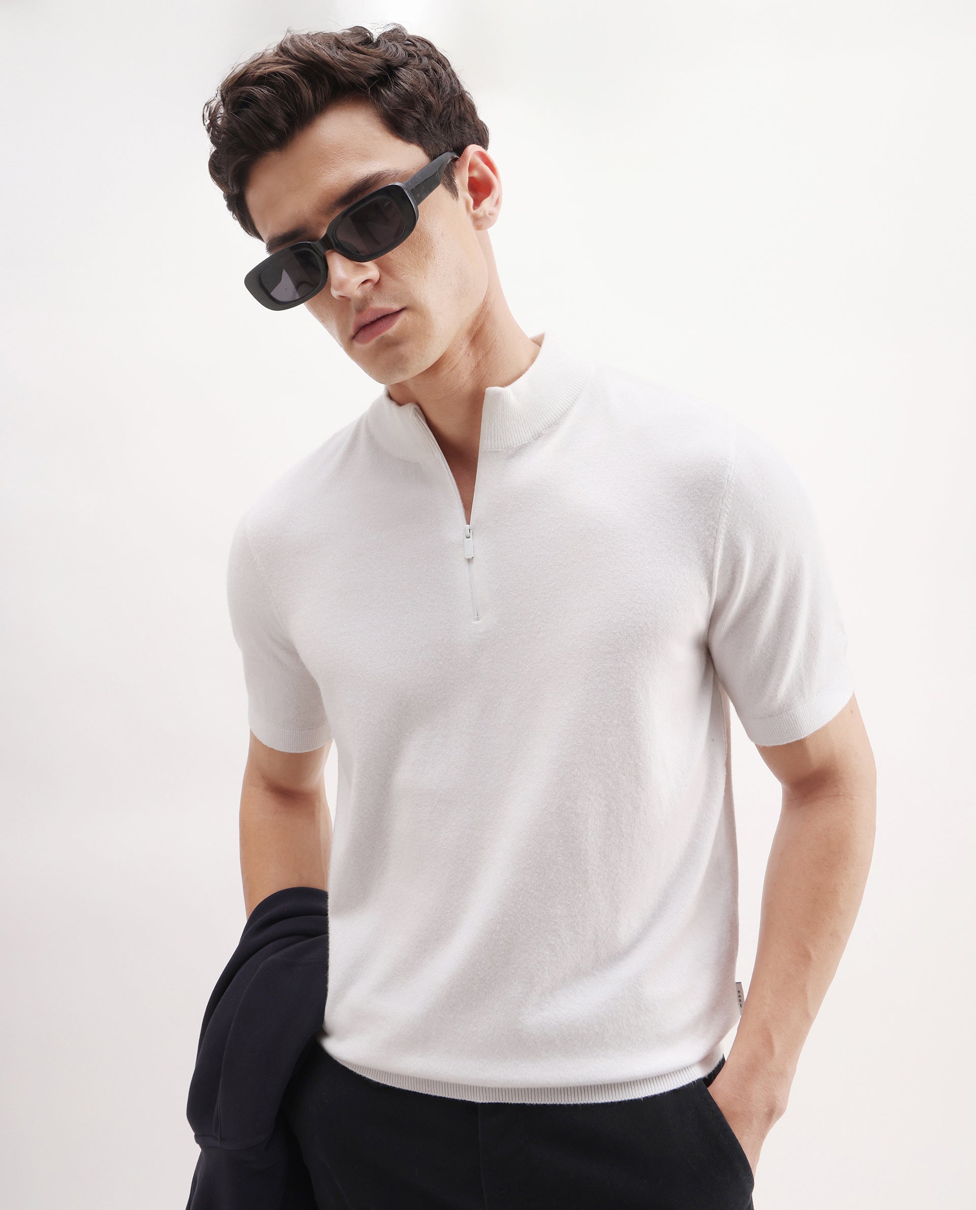 Rare Rabbit Men's Alfeto White Viscose Plain Regular Fit Half Sleeve Polo
