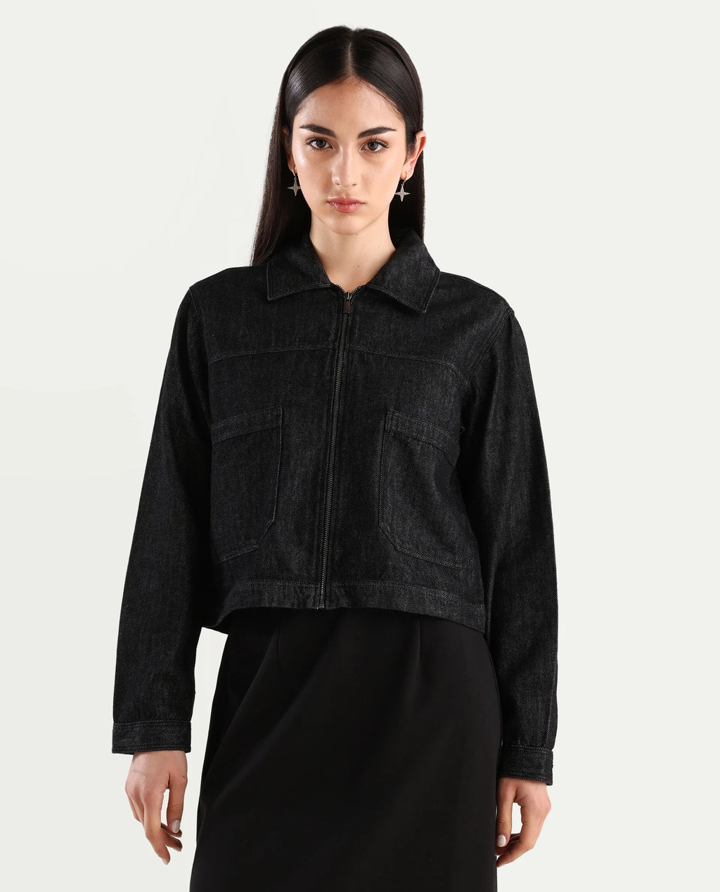 Rareism Women's Allin Black Cotton Drop Collar Plain Cuffed Sleeve Regular Fit Jacket