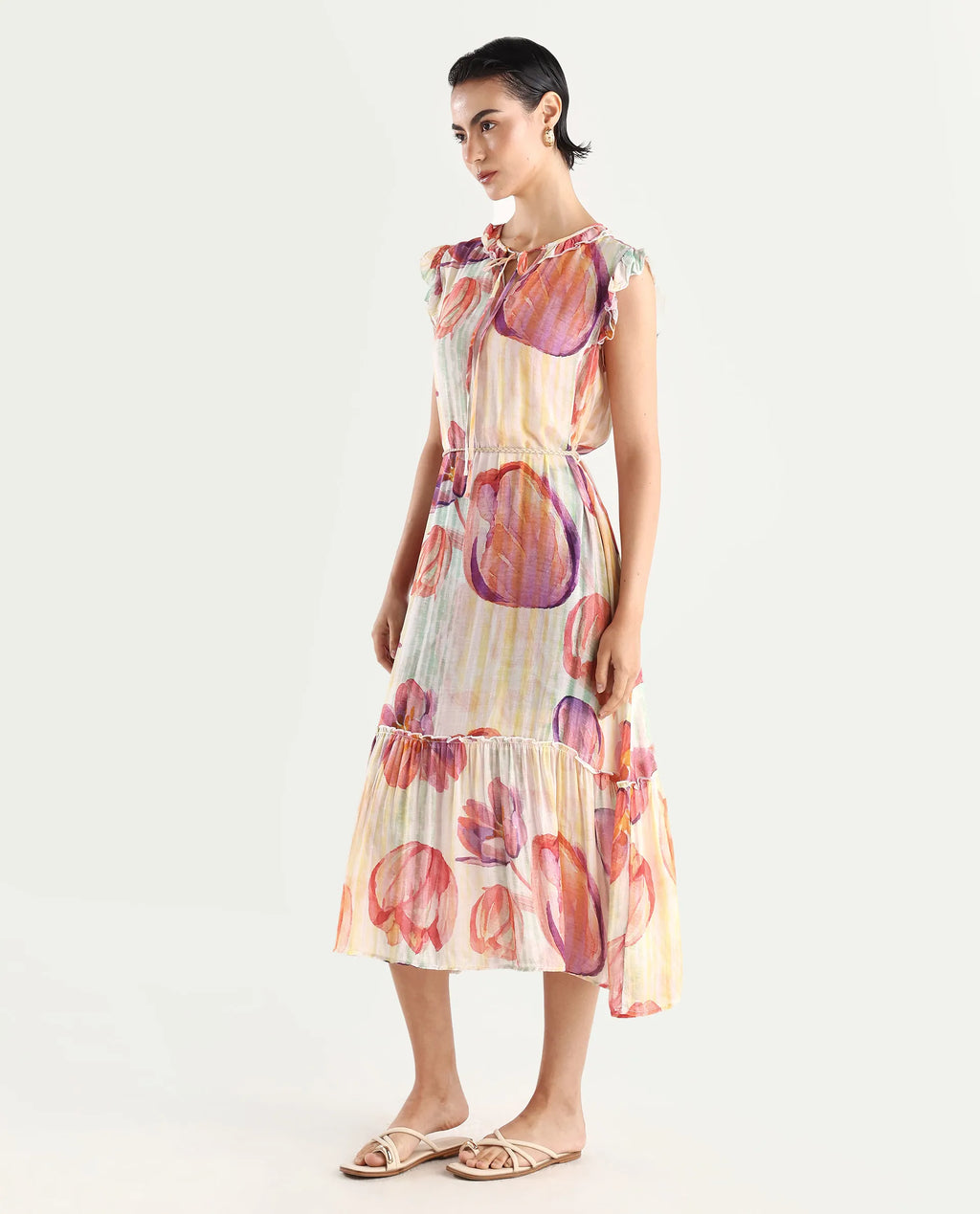 Rareism Women's Almora Light Multi Polyester Drop Collar Floral Print Ruffled Sleeve Midi A-Line Dress