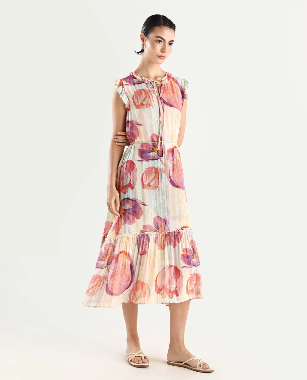 Rareism Women's Almora Light Multi Polyester Drop Collar Floral Print Ruffled Sleeve Midi A-Line Dress