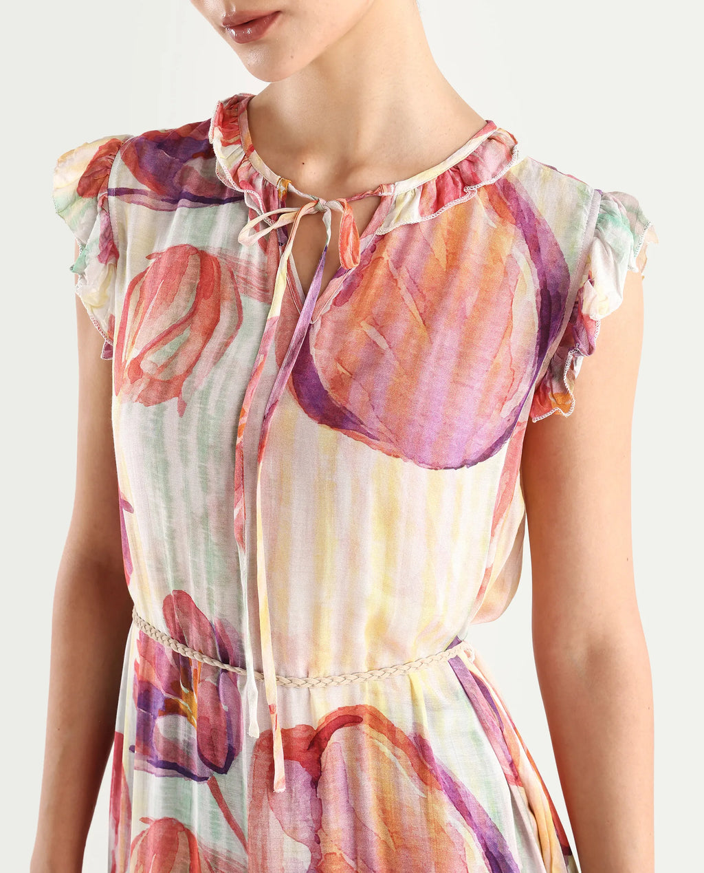 Rareism Women's Almora Light Multi Polyester Drop Collar Floral Print Ruffled Sleeve Midi A-Line Dress