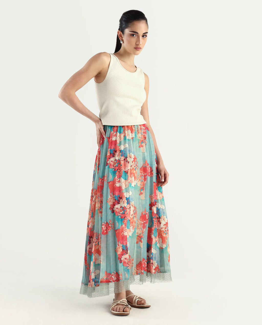 Rareism Women's Alvia Multi Polyester Floral Print Ankle Length Flared Skirt