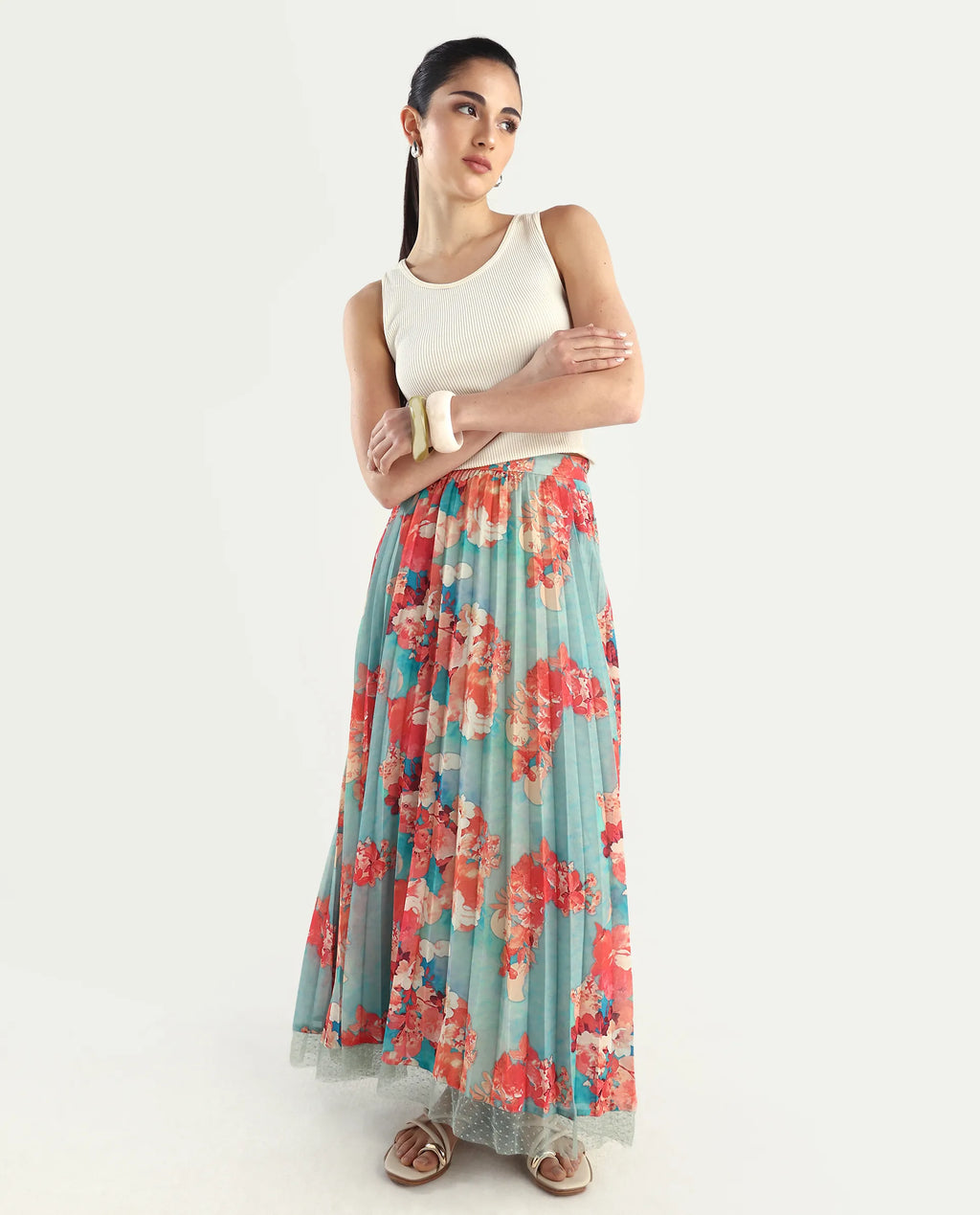 Rareism Women's Alvia Multi Polyester Floral Print Ankle Length Flared Skirt