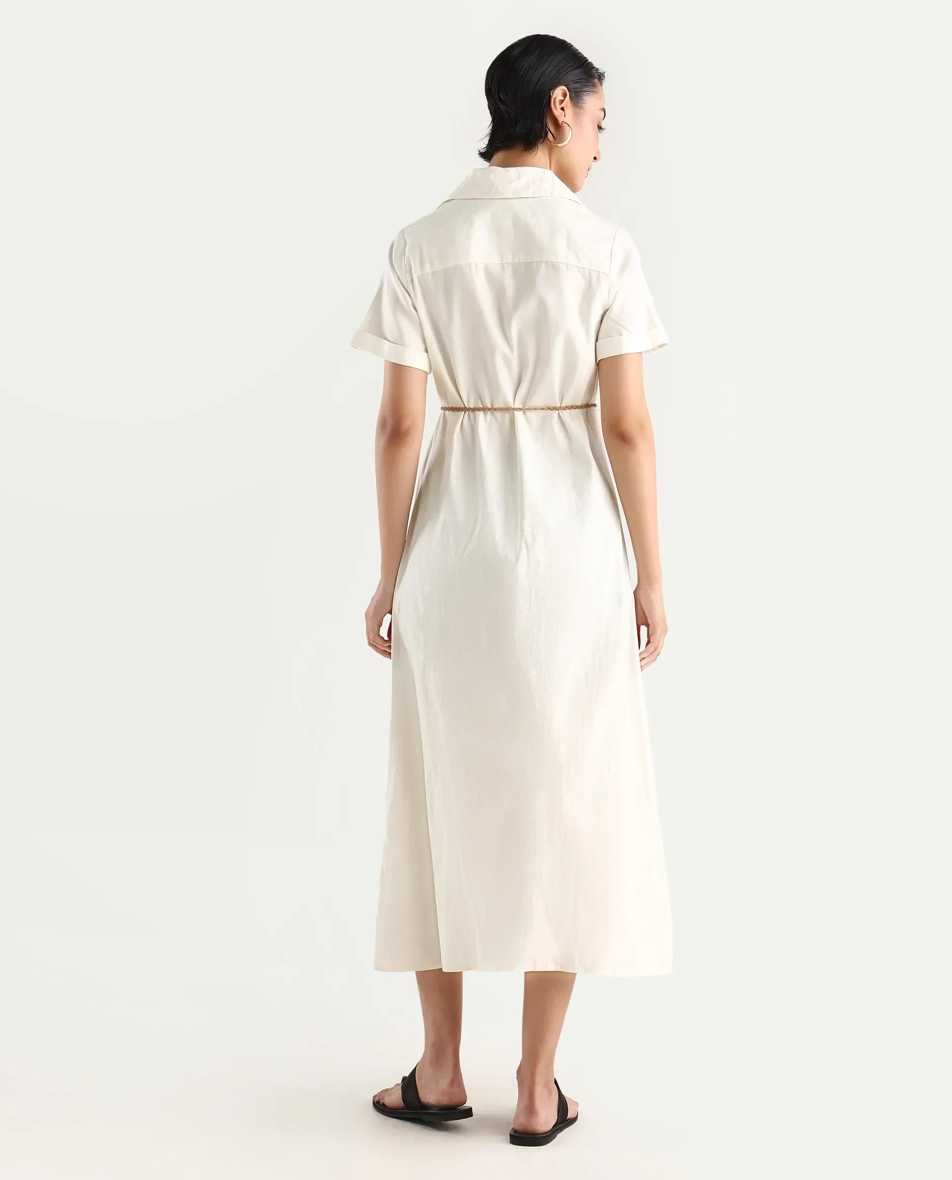 Rareism Women's Ania White Cotton Drop Collar Plain Maxi A-Line Dress