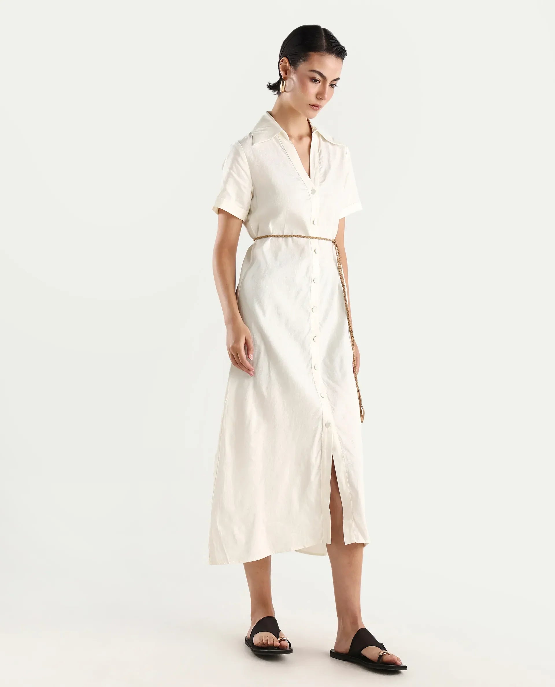 Rareism Women's Ania White Cotton Drop Collar Plain Maxi A-Line Dress