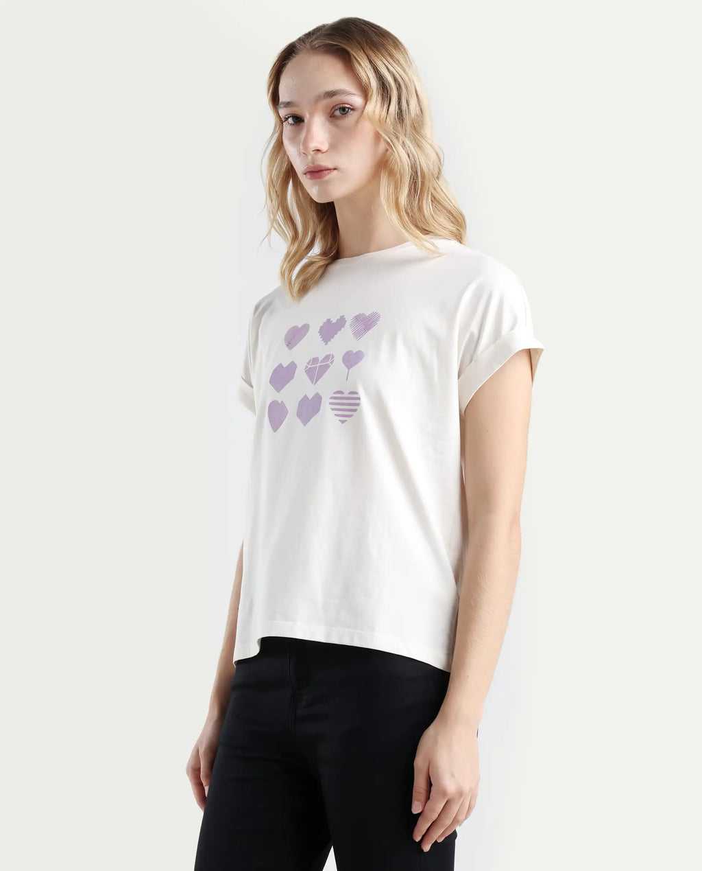 Rareism Women's Antilot Off White Cotton Blend Crew Neck Graphic Print Extended Sleeves Regular Fit T-Shirt