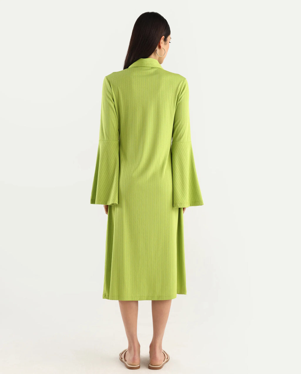 Rareism Women's Aqua Flouroscent Green Polyester Spread Collar Plain Bell Sleeve Knee Length Regular Fit Dress