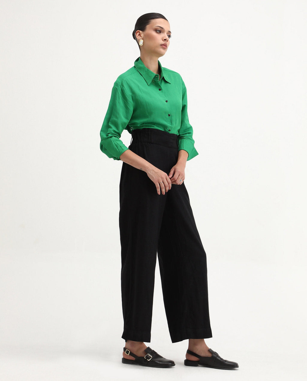 Rareism Women's Arid Black Cotton Blend Plain Ankle Length Wide Trouser