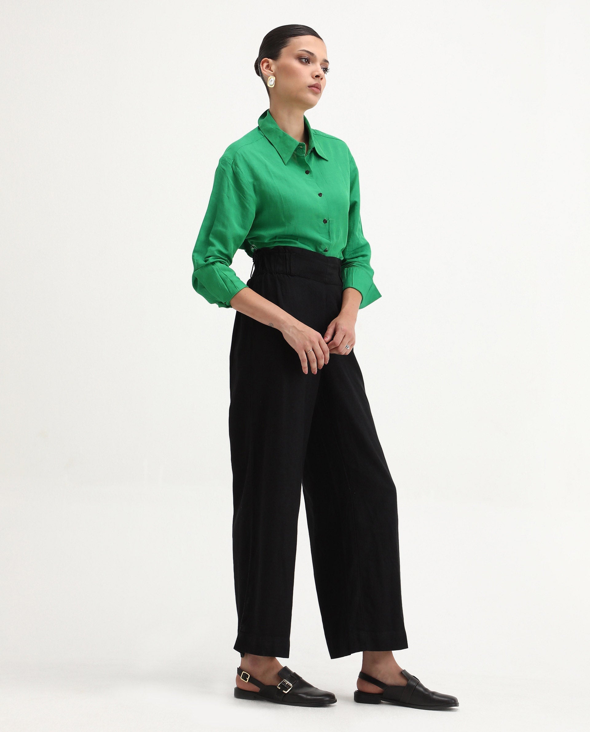 Rareism Women's Arid Black Cotton Blend Plain Ankle Length Wide Trouser