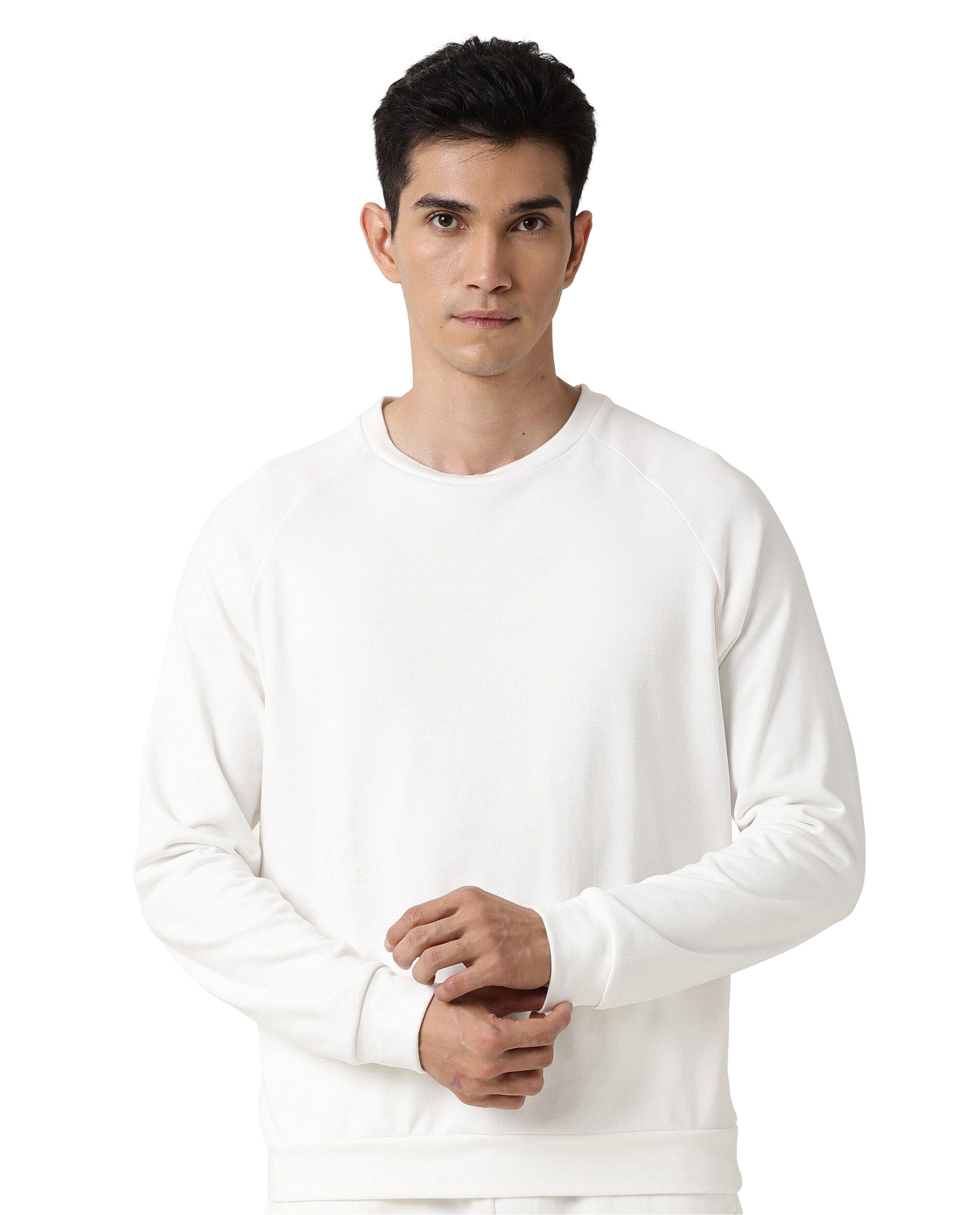 Rare Rabbit Articale Men's Arum Ivory White Cotton Fabric Full Sleeves Solid Sweatshirt