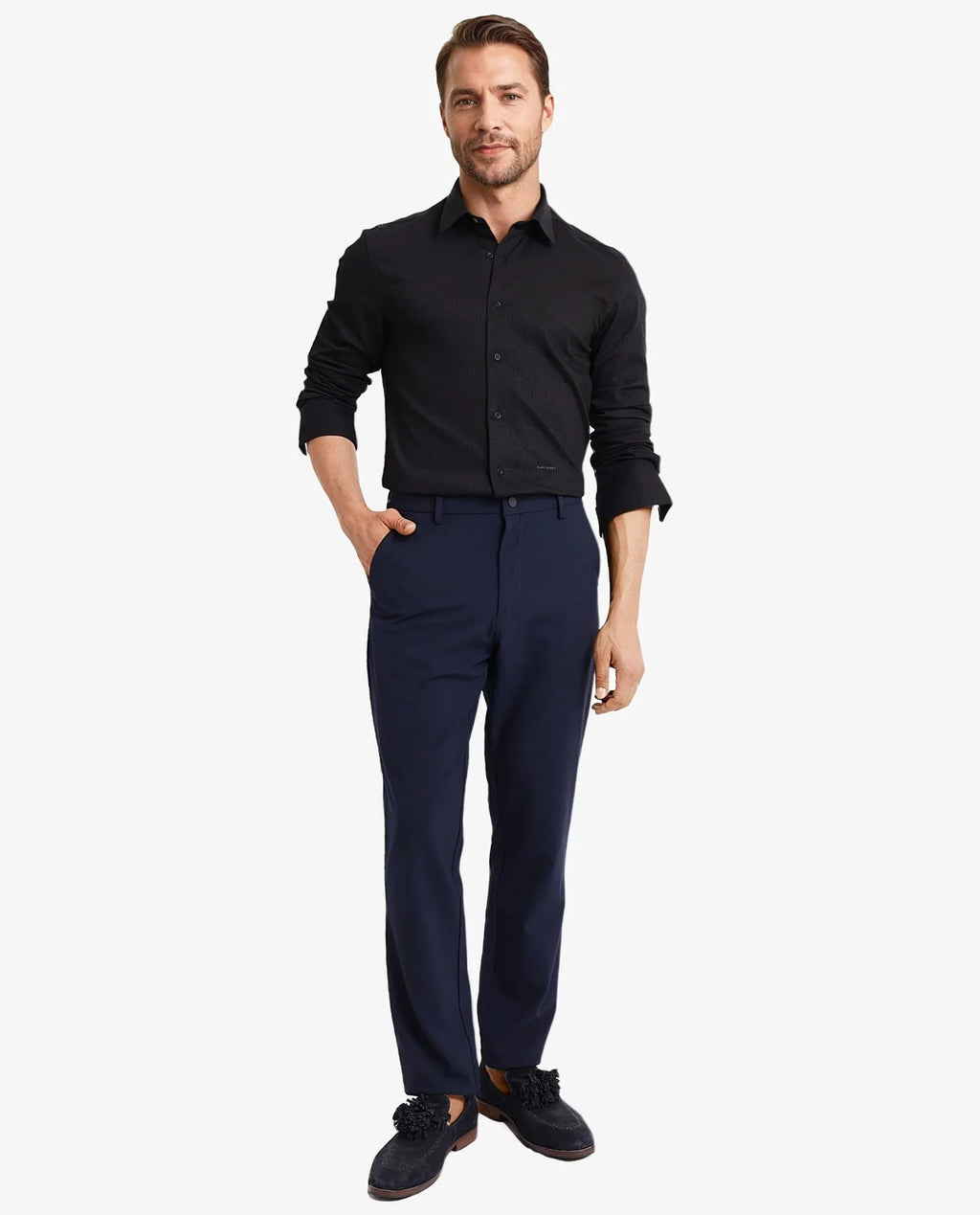 Rare Rabbit Men's Auxon Black Cotton Textured Regular Fit Full Sleeve Collared Shirt